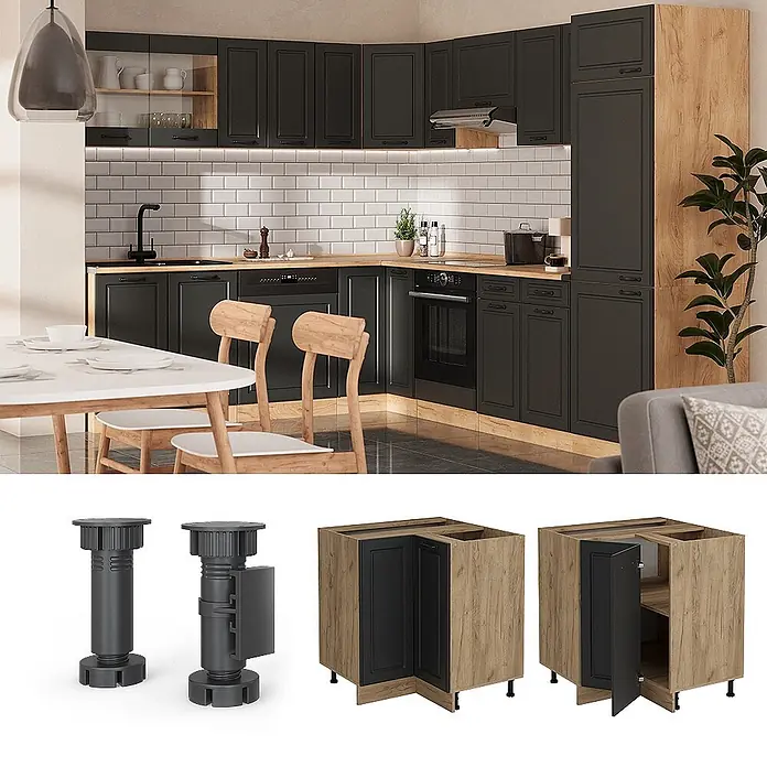 Vicco Schrankküche R-Line Anthrazit Landhaus AP Marmor - Breite: 75,6 cm, Anthrazit Landhaus, Eckunterschrank - Verstellbare dunkelgraue Kunststoff-Schrankbeine und eine Küchen-Eckunterschrankeinheit mit dunkelgrauer Tür und hellem Holzkorpus.