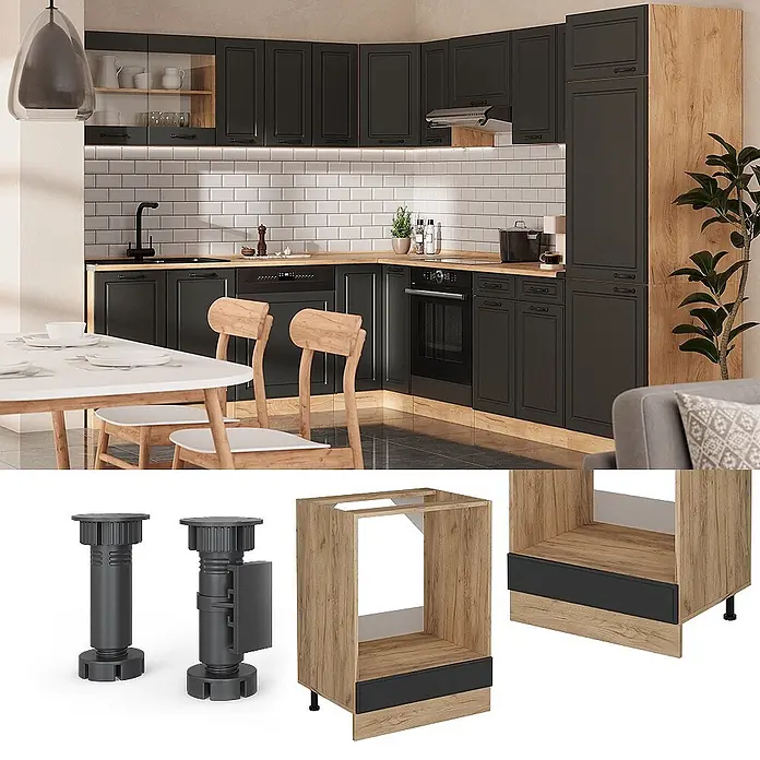 Vicco Schrankküche R-Line Anthrazit Landhaus ohne Arbeitsplatte - Breite: 60 cm, Anthrazit Landhaus, Herdumbauschrank 60 cm - Verstellbare schwarze Möbelbeine und modulare hölzerne Küchenunterschränke in einer modernen Küche mit dunkelgrauen Fronten.