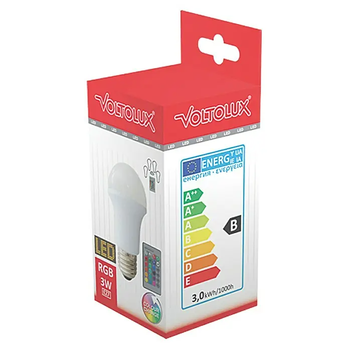 Voltolux Bombilla LED - E27, Intensidad regulable, Multicolor, 3 W - Una bombilla LED RGB 3W de Voltolux en su embalaje, mostrando la clase de eficiencia energética B y función de cambio de color.