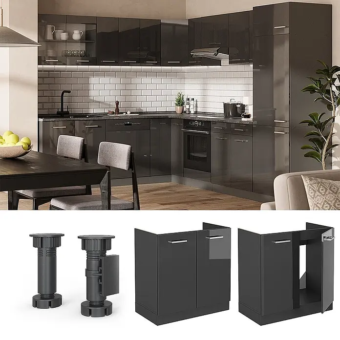 Vicco Schrankküche R-Line Anthrazit Hochglanz AP Marmor - Breite: 80 cm, Anthrazit Hochglanz, Spülenunterschrank 80 cm - Moderne hochglanz-dunkelgraue Küchenschränke mit integrierten Geräten in einer stilvollen Wohnumgebung.