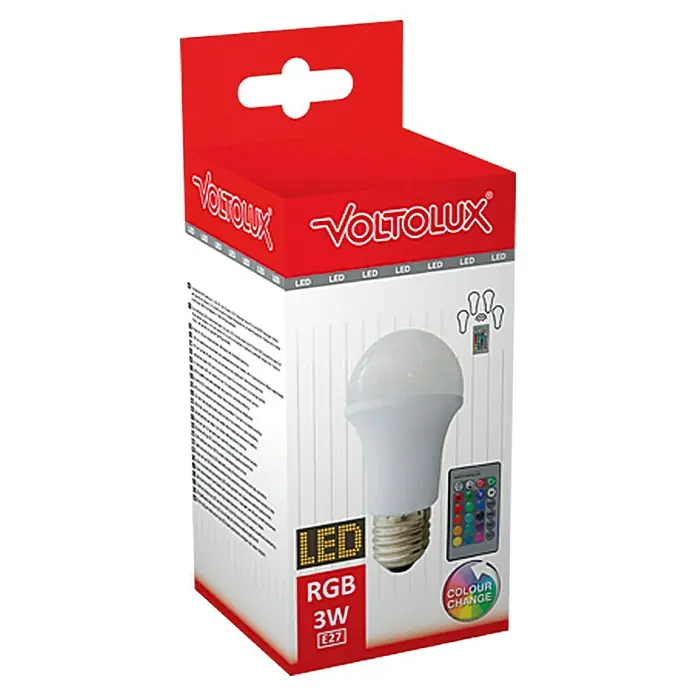 Voltolux Bombilla LED - E27, Intensidad regulable, Multicolor, 3 W - La imagen muestra una bombilla LED VOLTOLUX RGB 3W E27 en su embalaje de venta al por menor.