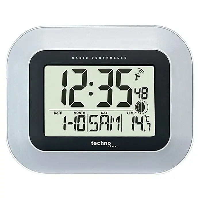 Technoline Funkuhr WS 8005 - Silber/Schwarz, L x B x H: 22,6 x 3 x 18 cm - Digitaluhr von Techno Line mit Anzeige von Zeit, Datum, Temperatur und Funksignal für präzise Zeiteinstellung.