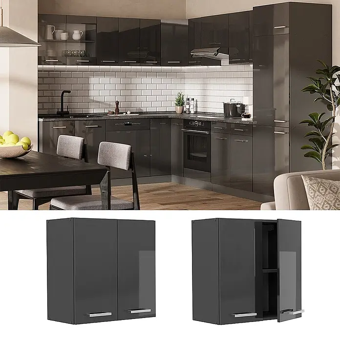 Vicco Hängeschrank R-Line, Anthrazit Hochglanz, 60 cm -  - Moderne dunkelgraue Hochglanz-Küchenschränke mit schlanken Griffen, in einer zeitgenössischen Küche installiert.