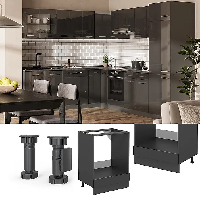 Vicco Schrankküche R-Line Anthrazit Hochglanz ohne Arbeitsplatte - Breite: 60 cm, Anthrazit Hochglanz, Herdumbauschrank 60 cm - Dunkelgraue Küchenschränke in modernem Interieur, zusammen mit einzelnen Ofenunterschränken und verstellbaren Möbelfüßen.