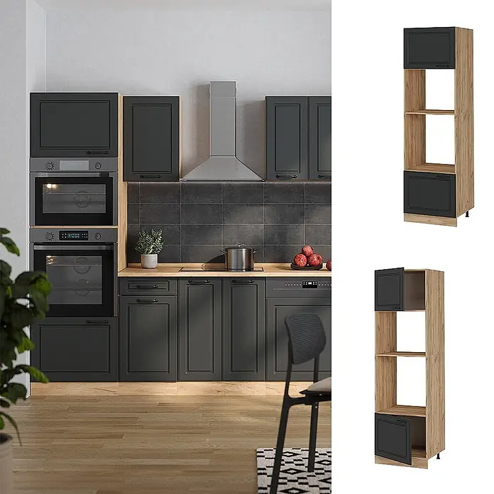 Vicco Schrankküche R-Line Anthrazit Landhaus - Breite: 60 cm, Anthrazit Landhaus, Mikrowellenumbauschrank 60 cm - Dunkelgraue Küchenschränke mit Holzakzenten, integrierten Geräten und Arbeitsplatte in einer modernen Küche.