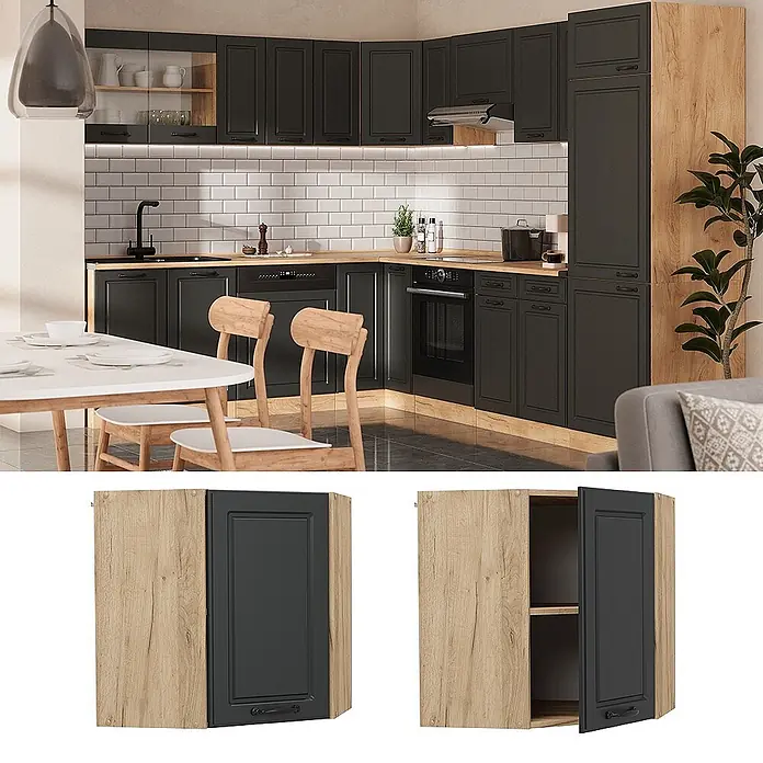 Vicco Schrankküche R-Line Anthrazit Landhaus - Breite: 57 cm, Anthrazit Landhaus, Eckhängeschrank 57 cm - Dunkelgrauer Küchenoberschrank mit Eichenholz-Effektrahmen, geschlossen und offen gezeigt.