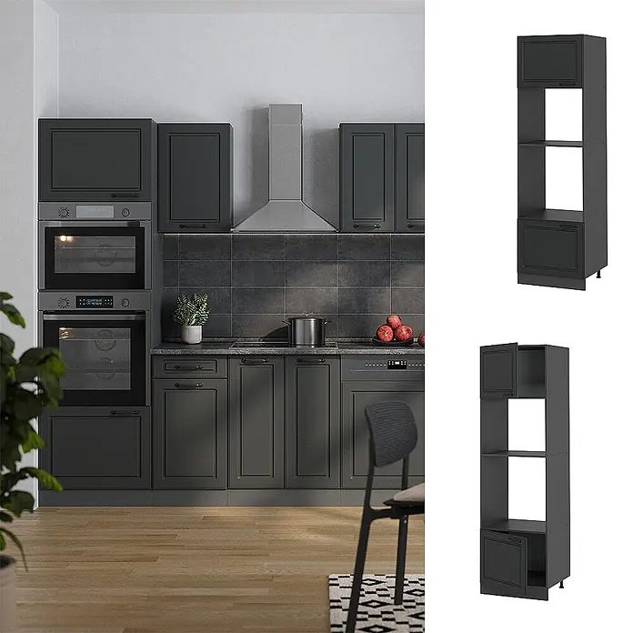 Vicco Schrankküche R-Line Anthrazit Landhaus - Breite: 60 cm, Anthrazit Landhaus, Mikrowellenumbauschrank 60 cm - Moderne dunkelgraue Küchenschränke mit Einbauöfen, Kochfeld und Spülmaschine, die eine komplette, funktionale Küche zeigen.