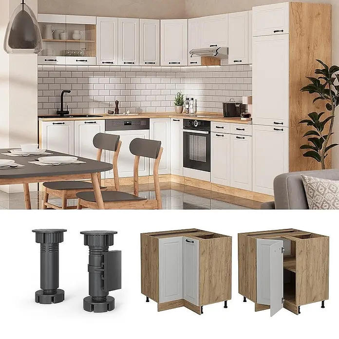 Vicco Schrankküche R-Line Weiß Landhaus AP Marmor - Breite: 75,6 cm, Weiß Landhaus, Eckunterschrank - Moderne Küche mit weißen und holzfarbenen Schränken, mit Eckunterschränken und verstellbaren dunkelgrauen Sockelfüßen.