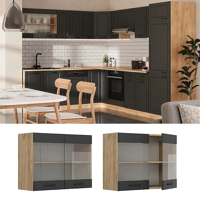 Vicco Schrankküche R-Line Anthrazit Landhaus - Breite: 80 cm, Anthrazit Landhaus, Hängeglasschrank 80 cm - Dunkelgraue Küchenschränke mit Holzmaserung und einer Holzarbeitsplatte in einer modernen Kücheneinrichtung.