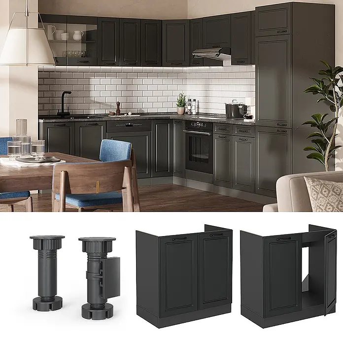 Vicco Schrankküche R-Line Anthrazit Landhaus ohne Arbeitsplatte - Breite: 80 cm, Anthrazit Landhaus, Spülenunterschrank 80 cm - Dunkelgraue Küchenschränke mit klassischen Kassettentüren, verstellbaren Füßen und modularen Unterschränken.