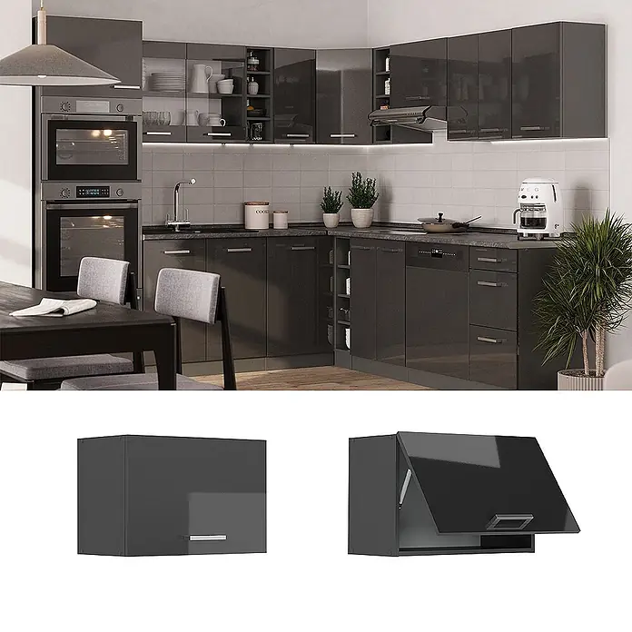 Vicco Schrankküche R-Line Anthrazit Hochglanz Flach - Breite: 60 cm, Anthrazit Hochglanz, Hängeschrank 60 cm (flach) - Moderne Küche mit dunkelgrauen Hochglanzschränken, Einbaugeräten und Esstisch.