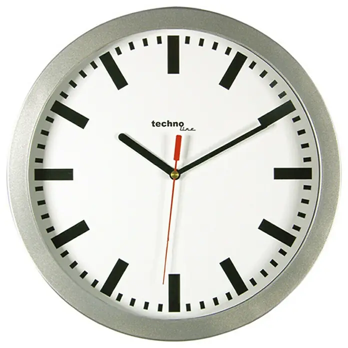 Wanduhr - Durchmesser: 30 cm, Silber/Schwarz/Weiß - Silberne Techno Line Wanduhr mit klarem Zifferblatt und schwarzen Markierungen für eine einfache Zeitanzeige.