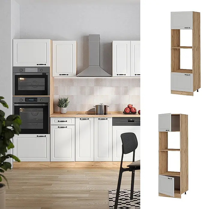 Vicco Schrankküche R-Line Weiß Landhaus - Breite: 60 cm, Weiß Landhaus, Mikrowellenumbauschrank 60 cm - Hoher Küchenschrank in Hellgrau und Holzoptik für Einbauöfen, mit Türen und offenen Fächern zur Aufbewahrung.