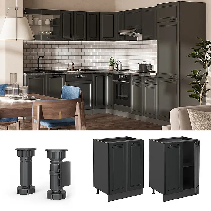 Vicco Küchenunterschrank R-Line, Anthrazit Landhaus, 60 cm -  - Dunkelgraue Modulküche mit Schrankfronten im Shaker-Stil und integrierten Geräten, mit abgebildeten Komponenten wie Füßen und Unterschränken.
