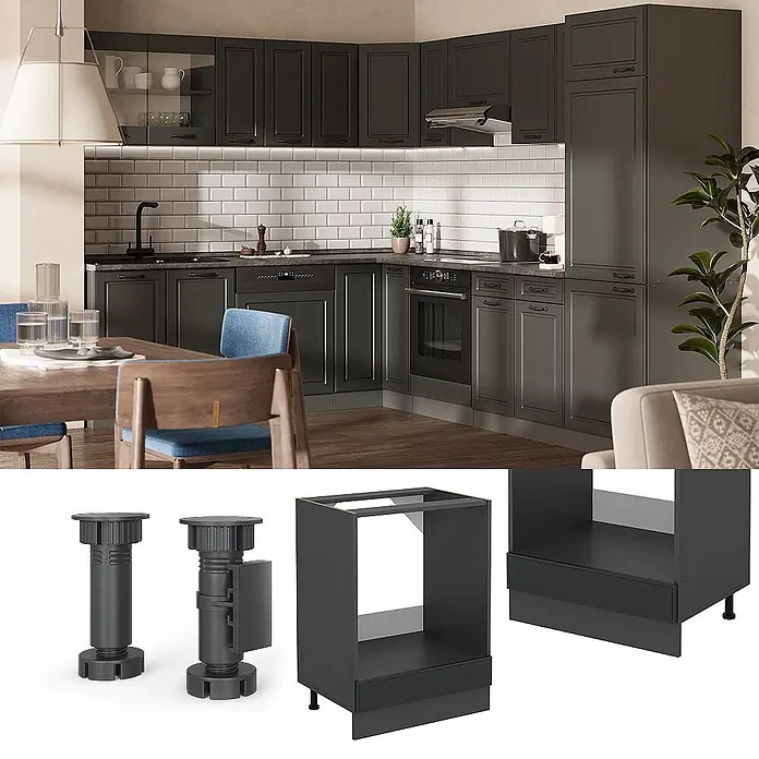 Vicco Herdumbauschrank R-Line, Anthrazit Landhaus, 60 cm -  - Modulare dunkelgraue Küchenschränke mit Backofen, separate dunkelgraue verstellbare Möbelfüße und ein Ofenunterschrankrahmen.