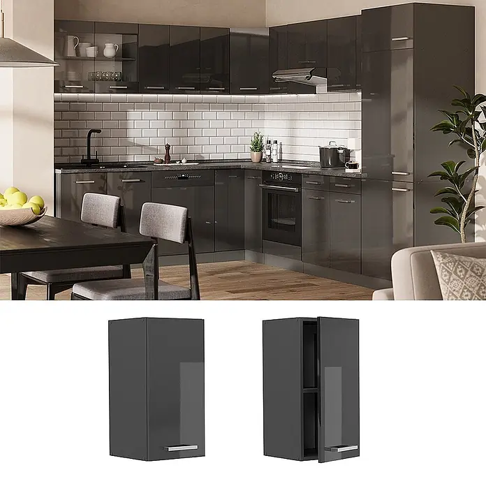 Vicco Schrankküche R-Line Anthrazit Hochglanz - Breite: 30 cm, Anthrazit Hochglanz, Hängeschrank 30 cm - Moderne Küche mit dunkelgrauen Hochglanzschränken. Separate Ansichten zeigen einen einzelnen Wandschrank.