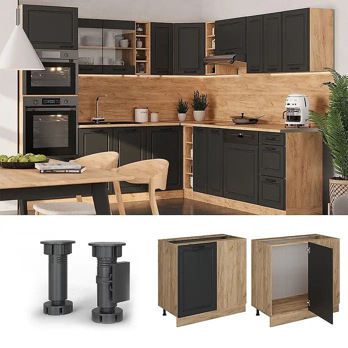 Vicco Schrankküche R-Line Anthrazit Landhaus AP Marmor - Breite: 86 cm, Anthrazit Landhaus, Eckunterschrank 86 cm - Moderne Modulküche mit dunkelgrauen Schränken und hellen Holzpaneelen, gezeigt mit verstellbaren Sockelfüßen.