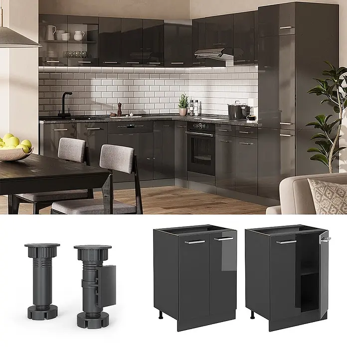 Vicco Schrankküche R-Line Anthrazit Hochglanz AP Marmor - Breite: 60 cm, Anthrazit Hochglanz, Unterschrank 60 cm - Glänzende dunkelgraue Modulküchenschränke in moderner Umgebung. Dazu passende Stellfüße und Unterschränke.