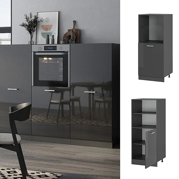 Vicco Schrankküche R-Line Anthrazit Hochglanz - Breite: 60 cm, Anthrazit Hochglanz, Backofenumbauschrank 60 cm (halb) - Hochglänzendes, dunkelgraues Küchensystem mit Backofen, daneben zwei separate Schränke: einer mit offenem Fach, einer hoch mit Regalböden und Tür.