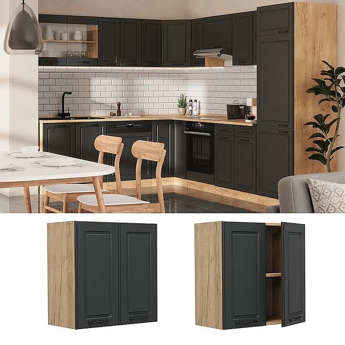 Vicco Schrankküche R-Line Anthrazit Landhaus - Breite: 60 cm, Anthrazit Landhaus, Hängeschrank 60 cm - Dunkelgraue und hellbraune Eckküchenschränke mit schwarzen Griffen, mit Ober- und Unterschränken, teils mit offenen Regalen.