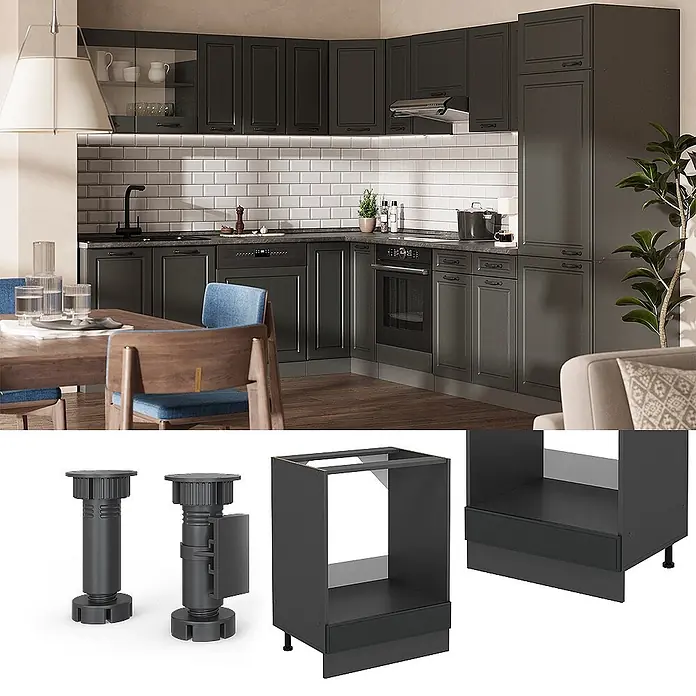 Vicco Schrankküche R-Line Anthrazit Landhaus AP Marmor - Breite: 60 cm, Anthrazit Landhaus, Herdumbauschrank 60 cm - Verstellbare schwarze Kunststoff-Möbelfüße und dunkelgraue Unterschrankrahmen in einer modernen Küche mit Einbaugeräten.