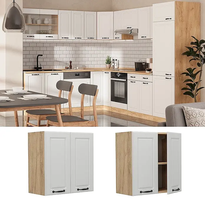 Vicco Schrankküche R-Line Weiß Landhaus - Breite: 60 cm, Weiß Landhaus, Hängeschrank 60 cm - Weiße Küchenschränke mit Holzakzenten und schwarzen Griffen, inklusive Detailansicht eines passenden Hängeschranks.