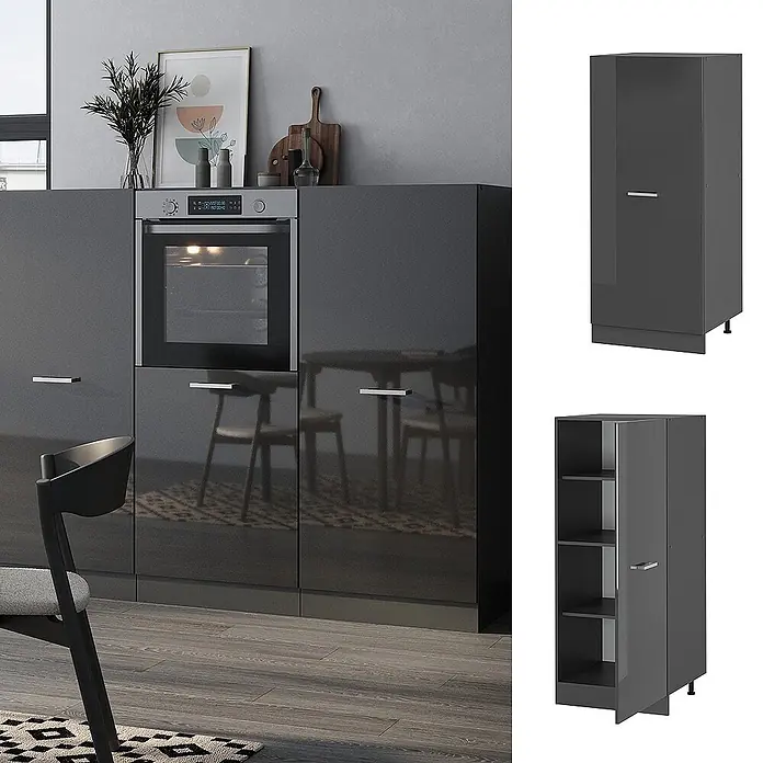Vicco Schrankküche R-Line Anthrazit Hochglanz - Breite: 60 cm, Anthrazit Hochglanz, Vorratsschrank 60 cm - Modulare dunkelgraue Hochglanz-Küchenschränke mit integriertem Backofen, in einer Küche und als separate Einheiten dargestellt.