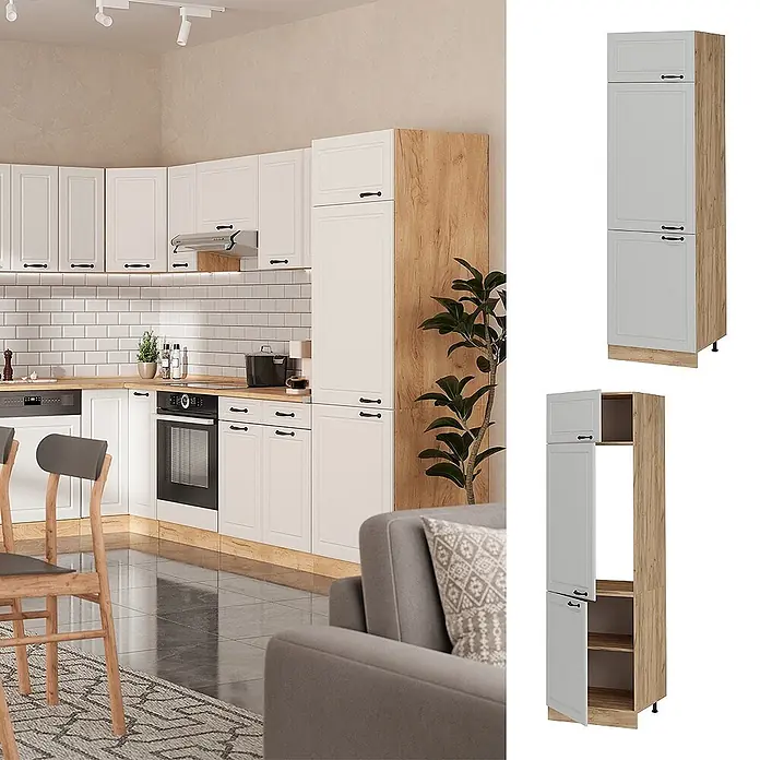 Vicco Schrankküche R-Line Weiß Landhaus - Breite: 60 cm, Weiß Landhaus, Kühlumbauschrank 60 cm - Hoher weißer Küchenschrank mit Holzoptik-Akzenten und schwarzen Griffen, bietet viel Stauraum in einer modernen Küche.