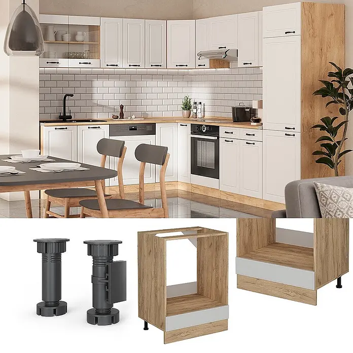 Vicco Schrankküche R-Line Weiß Landhaus AP Marmor - Breite: 60 cm, Weiß Landhaus, Herdumbauschrank 60 cm - Eine moderne Küche in Weiß und Holz, zusammen mit einzelnen Unterschränken und verstellbaren schwarzen Möbelfüßen.