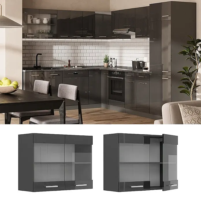 Vicco Schrankküche R-Line Anthrazit Hochglanz - Breite: 80 cm, Anthrazit Hochglanz, Hängeglasschrank 80 cm - Dunkelgraue Hochglanz-Küchenschränke mit Vitrinenmodul, in einer modernen Küche dargestellt.