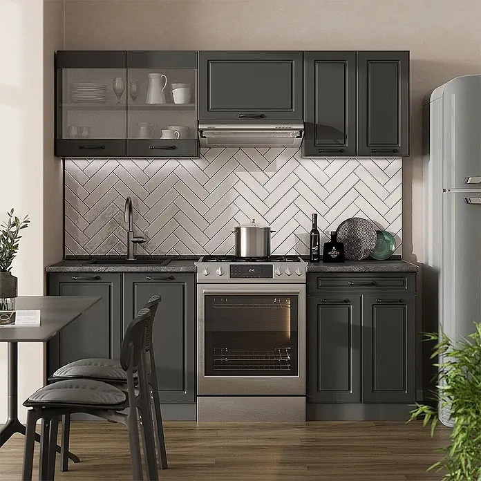 Küchenzeile R-Line 200 cm Anthrazit Landhaus Art.-Nr. 54007 -  - Dunkelgraue Küchenschränke mit Edelstahlgeräten und weißem Fischgrät-Spritzschutz, eine komplette Kücheneinrichtung zeigend.