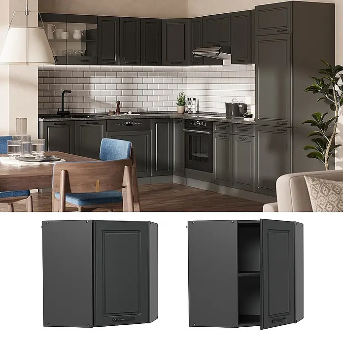 Vicco Schrankküche R-Line Anthrazit Landhaus - Breite: 57 cm, Anthrazit Landhaus, Eckhängeschrank 57 cm