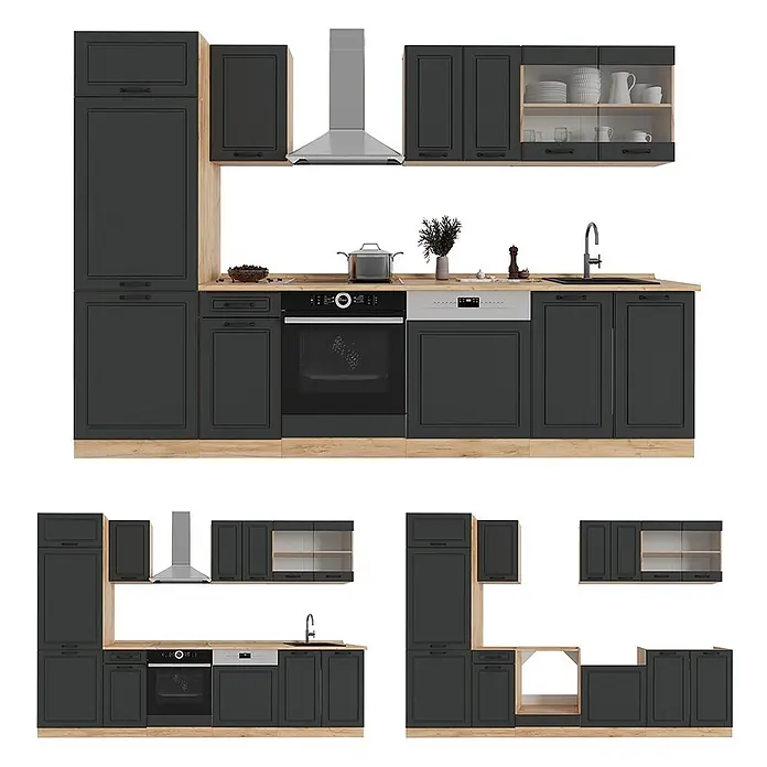 Vicco Küchenzeile R-Line Anthrazit Landhaus/Goldkraft Eiche, AP Eiche - Breite: 300 cm, Anthrazit Landhaus, Ohne Elektrogeräte - Moderne dunkelgraue Küchenzeile mit Holzoptik-Details, integriertem Backofen, Geschirrspüler und Spüle.