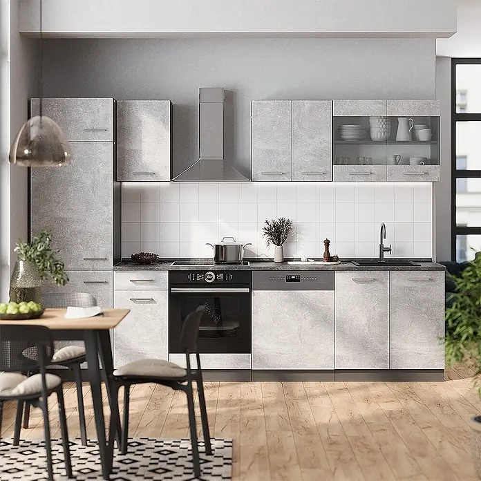 Vicco Küchenzeile R-Line Beton/Anthrazit, AP Eiche - Breite: 300 cm, Beton, Ohne Elektrogeräte - Moderne Küche mit hellgrauen, betonoptischen Schränken und integrierten Geräten.
