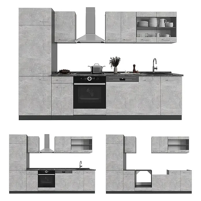 Vicco Küchenzeile R-Line Beton/Anthrazit, AP Eiche - Breite: 300 cm, Beton, Ohne Elektrogeräte - Moderne Küchenzeile in Betonoptik Grau mit integriertem Backofen, Geschirrspüler, Spüle, Kochfeld und Dunstabzugshaube, in verschiedenen Konfigurationen.