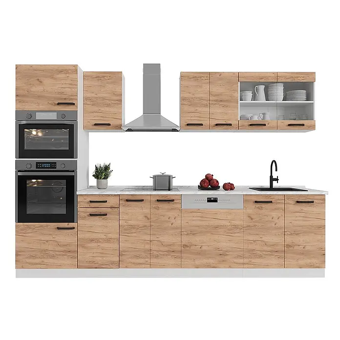 Küchenzeile R-Line 300 cm Goldkraft Eiche Art.-Nr. 52213 -  - Moderne Küchenzeile mit hellen Holzmaserungsschränken, schwarzen Griffen, weißer Arbeitsplatte, Einbauöfen, Kochfeld, Dunstabzugshaube, Geschirrspüler, schwarzem Spülbecken.