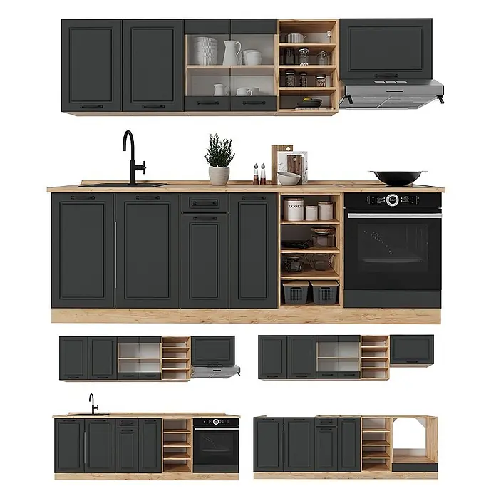 Vicco Küchenzeile R-Line Anthrazit Landhaus/Goldkraft Eiche, AP Eiche - Breite: 240 cm, Anthrazit Landhaus, Ohne Elektrogeräte - Moderne dunkelgraue Küchenschränke mit heller Holzplatte, offenen Regalen, integrierter Spüle, Backofen und Kochfeld.