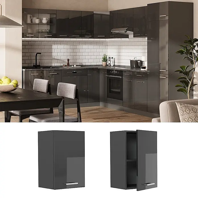Vicco Schrankküche R-Line Anthrazit Hochglanz - Breite: 40 cm, Anthrazit Hochglanz, Hängeschrank 40 cm - Glänzendes dunkelgraues modulares Küchenschranksystem mit Wand-, Unter- und Hochschränken in moderner Küchenumgebung.