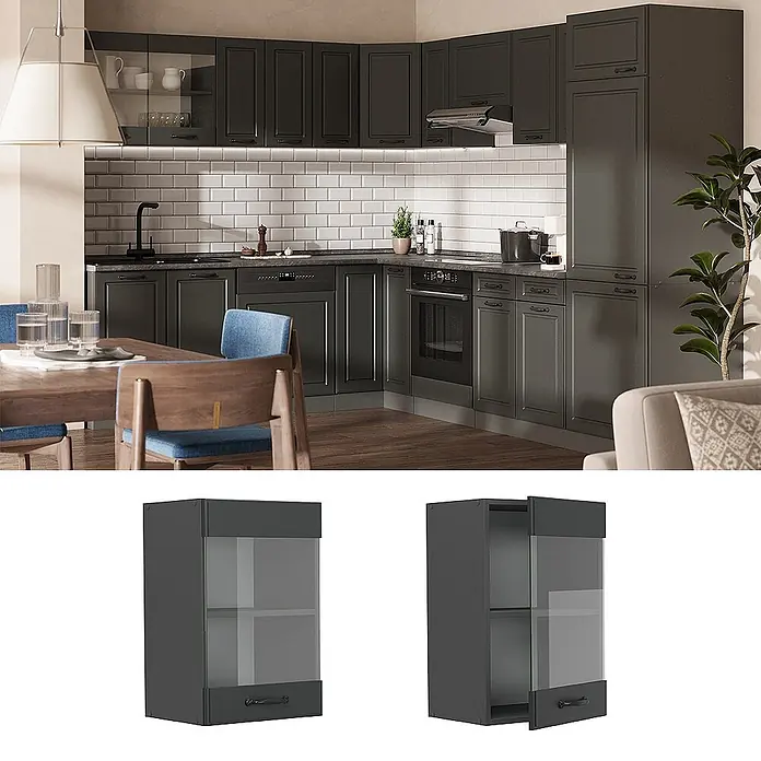 Vicco Schrankküche R-Line Anthrazit Landhaus - Breite: 40 cm, Anthrazit Landhaus, Hängeglasschrank 40 cm - Dunkelgraues Küchenschranksystem mit Hängeschränken mit Glastür, bietet stilvollen Stauraum in einer modernen Küche.