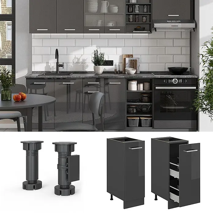 Vicco Schrankküche R-Line Anthrazit Hochglanz ohne Arbeitsplatte - Anthrazit Hochglanz, Apothekerunterschrank 30 cm - Moderne dunkelgraue Küchenschränke mit verstellbaren Füßen und Innenschubladen, in einer Küchenumgebung gezeigt.