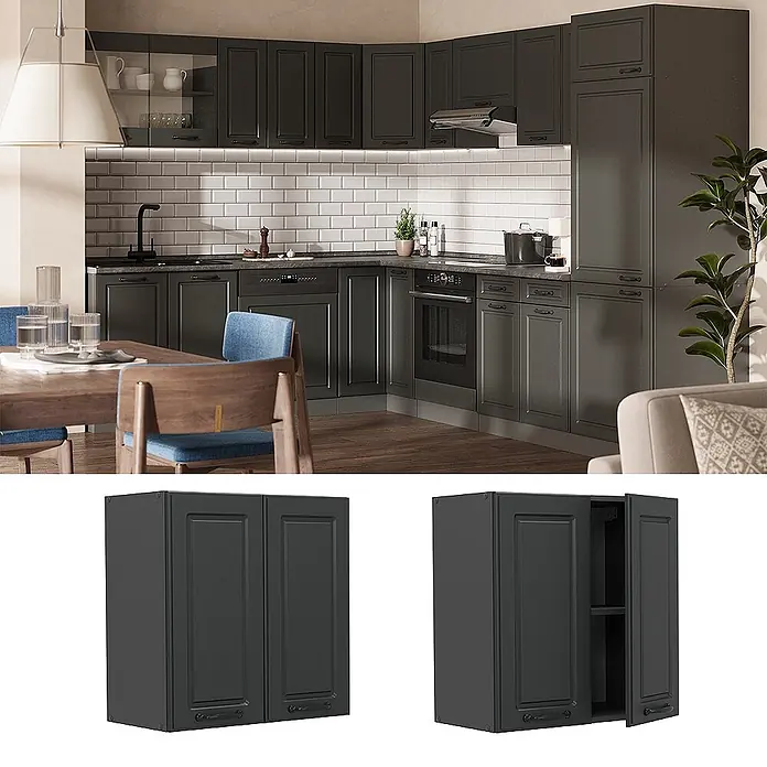 Vicco Hängeschrank R-Line, Anthrazit Landhaus, 60 cm -  - Dunkelgrauer Küchenwandschrank, geschlossen und offen mit Einlegeböden, in einer kompletten Küche.