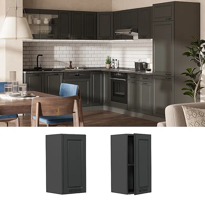 Vicco Schrankküche R-Line Anthrazit Landhaus - Breite: 30 cm, Anthrazit Landhaus, Hängeschrank 30 cm - Dunkelgraue Küchenschränke in L-Form mit Paneeltüren und integrierten Geräten.