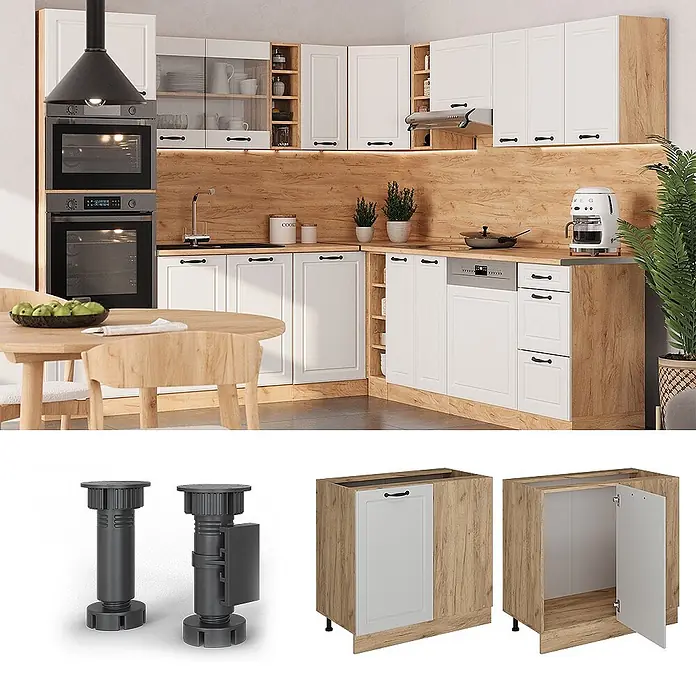 Vicco Schrankküche R-Line Weiß Landhaus ohne Arbeitsplatte - Breite: 86 cm, Weiß Landhaus, Eckunterschrank 86 cm - Weiße und holzfarbene Küchenschränke mit verstellbaren Füßen in einer modernen Küche. Zeigt Unterschränke mit weißen Türen und schwarzen Griffen.
