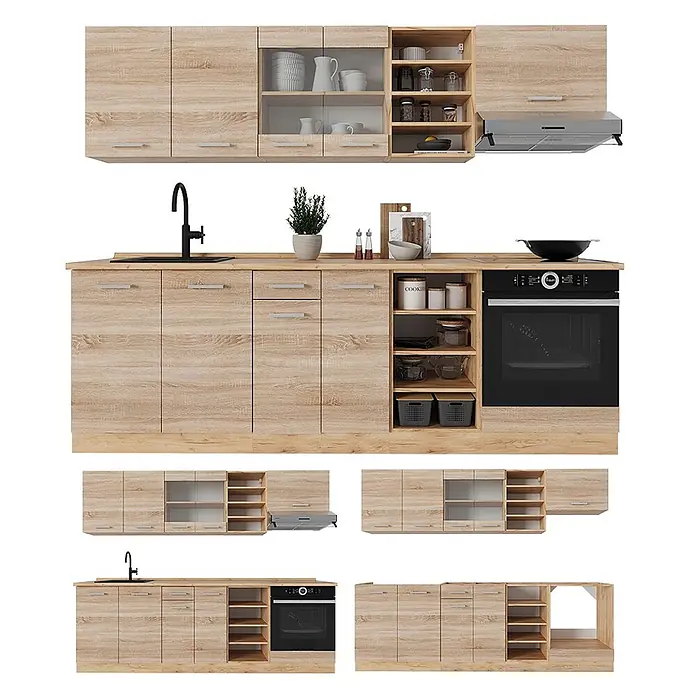 Vicco Küchenzeile R-Line Sonoma/Goldkraft Eiche ohne Arbeitsplatte - Breite: 240 cm, Sonoma, Ohne Elektrogeräte - Küchenzeile aus hellem Holz mit Unterschränken, schwarzem Spülbecken, Ofen, Oberschränken und offenen Regalen.