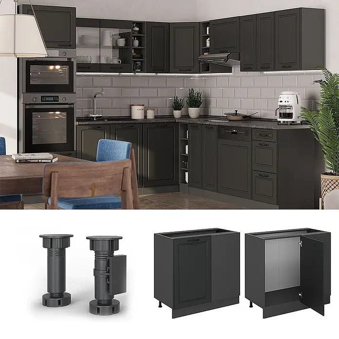 Vicco Schrankküche R-Line Anthrazit Landhaus AP Marmor - Breite: 86 cm, Anthrazit Landhaus, Eckunterschrank 86 cm - Dunkelgraue Küchenschränke installiert, mit schwarzen verstellbaren Füßen und einem Eckunterschrank separat dargestellt.
