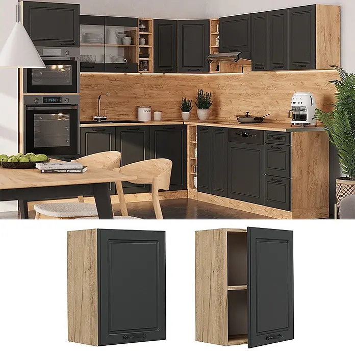 Vicco Schrankküche R-Line Anthrazit Landhaus - Breite: 45 cm, Anthrazit Landhaus, Hängeschrank 45 cm - Moderne Küchenschränke mit dunkelgrauen Fronten und hellen Holzrahmen, in einer Küche gezeigt.