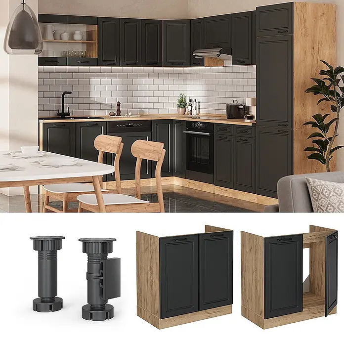 Vicco Schrankküche R-Line Anthrazit Landhaus ohne Arbeitsplatte - Breite: 80 cm, Anthrazit Landhaus, Spülenunterschrank 80 cm - Modulare dunkelgraue Küche mit Holz-Akzenten und Einbaugeräten. Gezeigt werden auch Schrankmodule und verstellbare Füße.