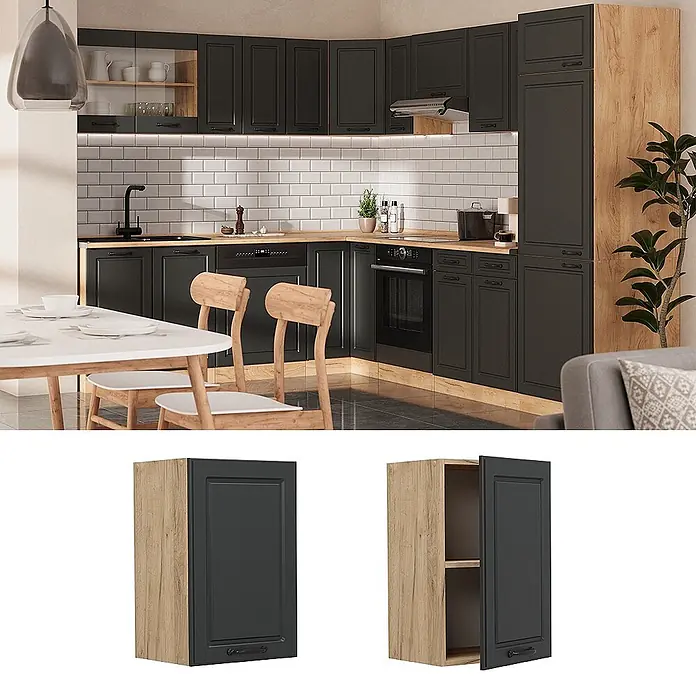 Vicco Schrankküche R-Line Anthrazit Landhaus - Breite: 40 cm, Anthrazit Landhaus, Hängeschrank 40 cm - Dunkelgrauer Küchenoberschrank mit heller Holzumrandung, geschlossen und offen mit Einlegeboden gezeigt.