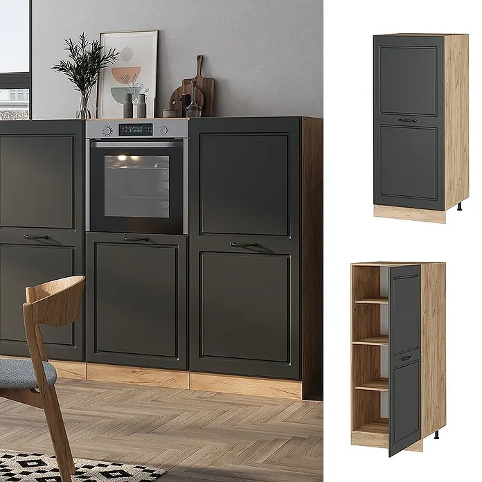 Vicco Schrankküche R-Line Anthrazit Landhaus - Breite: 60 cm, Anthrazit Landhaus, Vorratsschrank 60 cm - Schwarze Küchenunterschränke mit Holzoptik-Seiten und Sockel, einer mit integriertem Backofen. Auch als Hochschrank gezeigt.