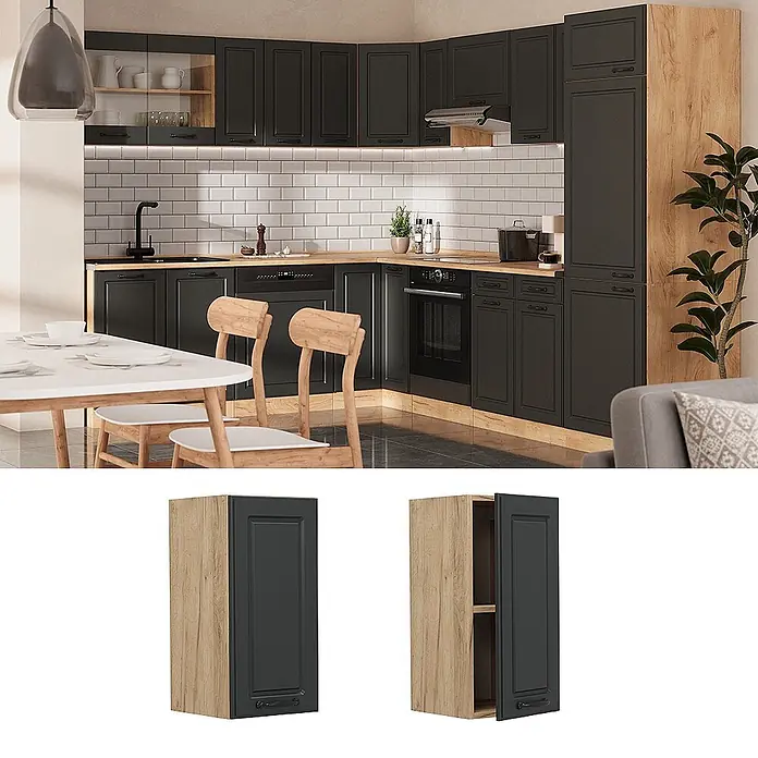 Vicco Schrankküche R-Line Anthrazit Landhaus - Breite: 30 cm, Anthrazit Landhaus, Hängeschrank 30 cm - Dunkelgrauer Küchenschrank mit Holzmaserungs-Elementen, integriert in ein modernes Küchendesign.
